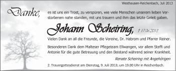 Traueranzeige von Johann Scheiring von Schwäbische Post
