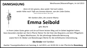 Traueranzeige von Emma Seibold von Schwäbische Post