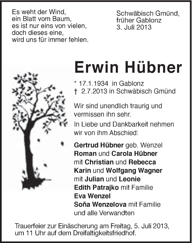  Traueranzeige für Erwin Hübner vom 03.07.2013 aus Gmünder Tagespost