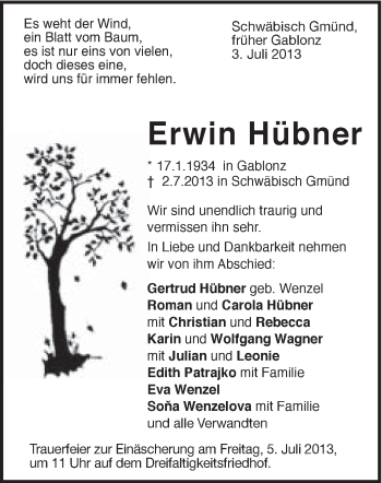 Traueranzeige von Erwin Hübner von Gmünder Tagespost