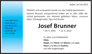 Traueranzeige von Josef Brunner von Schwäbische Post