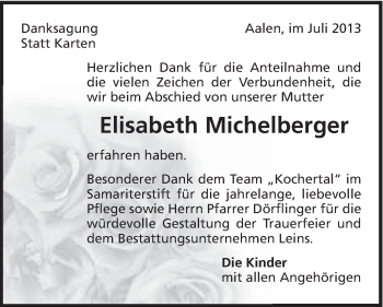 Traueranzeige von Elisabeth Michelberger von Schwäbische Post