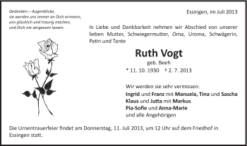 Traueranzeige von Ruth Vogt von Schwäbische Post