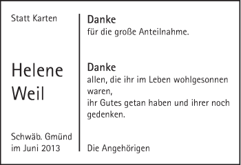 Traueranzeige von Helene Weil von Gmünder Tagespost
