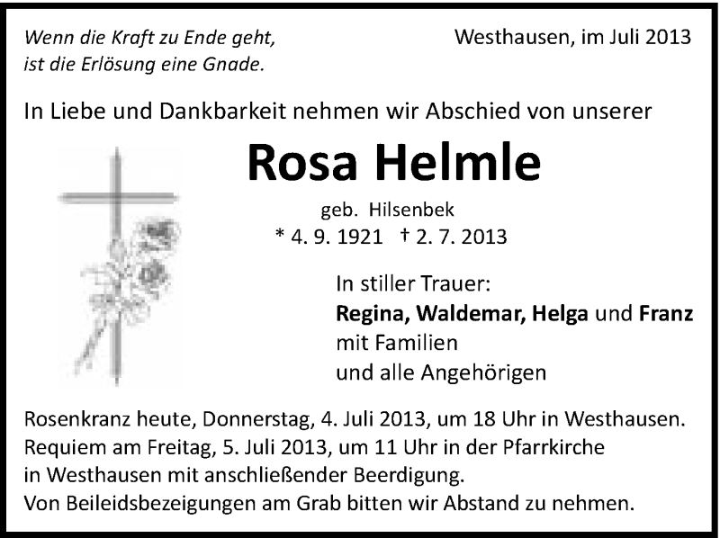  Traueranzeige für Rosa Helmle vom 04.07.2013 aus Schwäbische Post