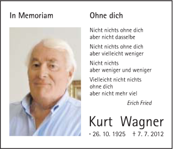 Traueranzeige von Kurt Wagner von Gmünder Tagespost