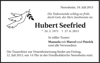Traueranzeige von Hubert Seefried von Schwäbische Post