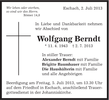 Traueranzeige von Wolfgang Berndt von Gmünder Tagespost