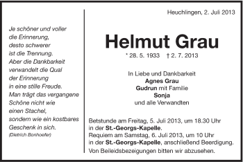 Traueranzeige von Helmut Grau von Gmünder Tagespost
