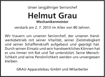 Traueranzeige von Helmut Grau von Gmünder Tagespost