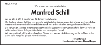 Traueranzeige von Manfred Schill von Schwäbische Post