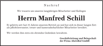 Traueranzeige von Manfred Schill von Schwäbische Post