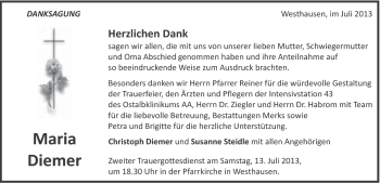 Traueranzeige von Maria Diemer von Schwäbische Post