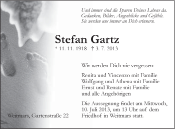 Traueranzeige von Stefan Gartz von Gmünder Tagespost