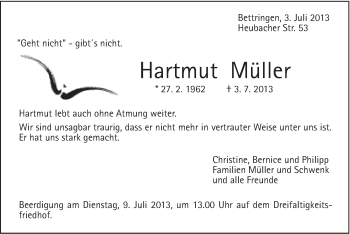 Traueranzeige von Hartmut Müller von Gmünder Tagespost