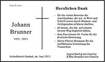 Traueranzeige von Johann Brunner von Gmünder Tagespost