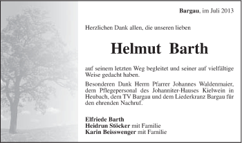 Traueranzeige von Helmut Barth von Gmünder Tagespost