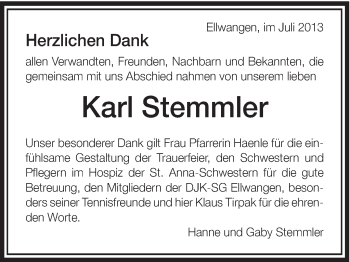 Traueranzeige von Karl Stemmler von Schwäbische Post