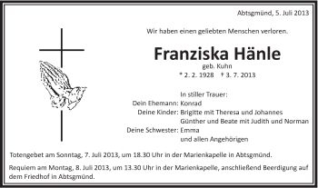 Traueranzeige von Franziska Hänle von Schwäbische Post