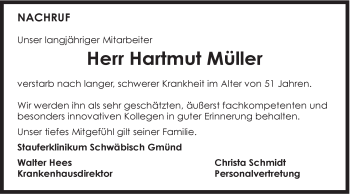 Traueranzeige von Hartmut Müller von Gmünder Tagespost