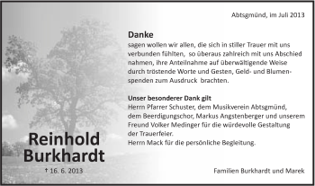 Traueranzeige von Reinhold Burkhardt von Schwäbische Post