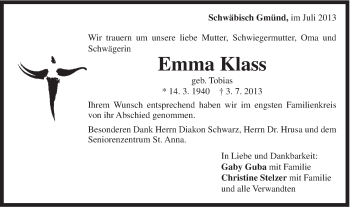 Traueranzeige von Emma Klass von Gmünder Tagespost