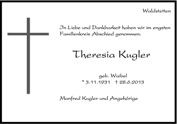 Traueranzeige von Theresia Kugler von Gmünder Tagespost
