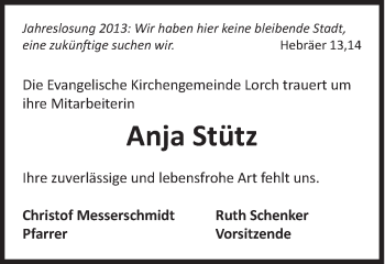 Traueranzeige von Anja Stütz von Gmünder Tagespost