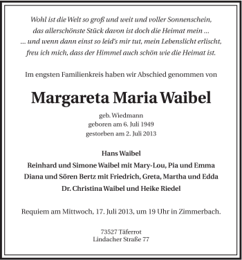 Traueranzeige von Margareta Maria Waibel von Gmünder Tagespost