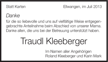 Traueranzeige von Traudl Kleeberger von Schwäbische Post