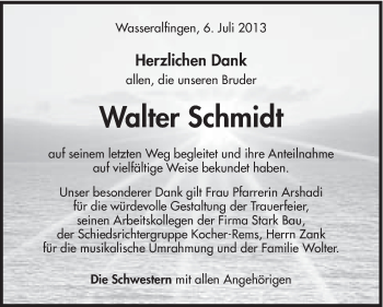 Traueranzeige von Walter Schmidt von Schwäbische Post