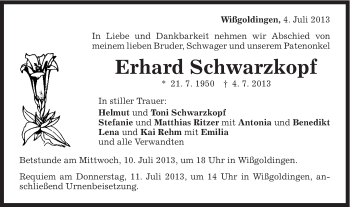 Traueranzeige von Erhard Schwarzkopf von Gmünder Tagespost