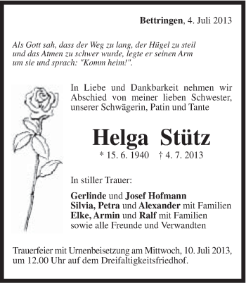 Traueranzeige von Helga Stütz von Gmünder Tagespost