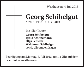 Traueranzeige von Georg Schibelgut von Schwäbische Post