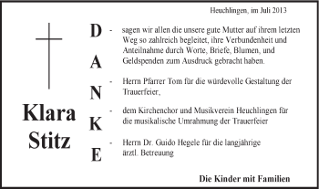 Traueranzeige von Klara Stitz von Gmünder Tagespost