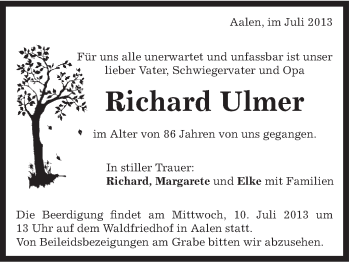 Traueranzeige von Richard Ulmer von Schwäbische Post