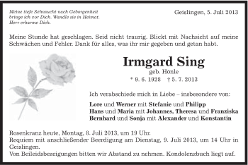Traueranzeige von Irmgard Sing von Schwäbische Post