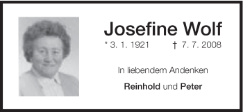 Traueranzeige von Josefine Wolf von Schwäbische Post