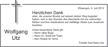 Traueranzeige von Wolfgang Utz von Schwäbische Post