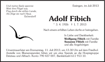 Traueranzeige von Adolf Fibich von Schwäbische Post