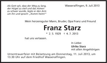 Traueranzeige von Franz Starz von Schwäbische Post