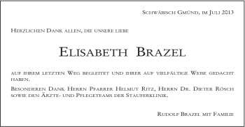 Traueranzeige von Elisabeth Brazel von Gmünder Tagespost