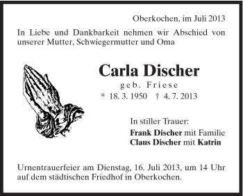 Traueranzeige von Carla Discher von Schwäbische Post