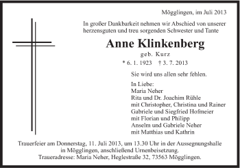 Traueranzeige von Anne Klinkenberg von OstalbTrauer