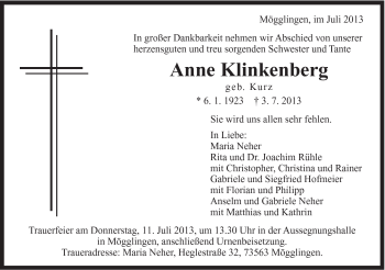 Traueranzeige von Anna Klinkenberg von Gmünder Tagespost