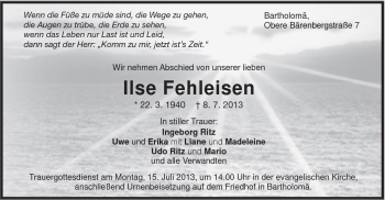 Traueranzeige von Ilse Fehleisen von Gmünder Tagespost