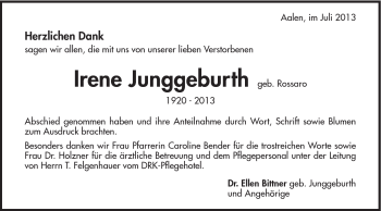 Traueranzeige von Irene Junggeburth von Schwäbische Post