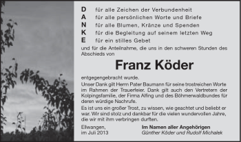 Traueranzeige von Franz Köder von Schwäbische Post