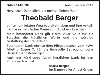Traueranzeige von Theobald Berger von Schwäbische Post