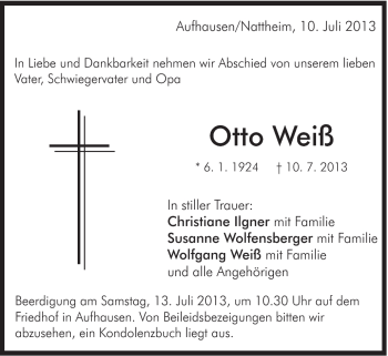 Traueranzeige von Otto Weiß von Schwäbische Post